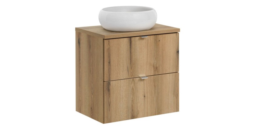 Ensemble VANO chêne 60cm : meuble sous vasque à tiroirs, plan pour vasque et vasque à poser ronde