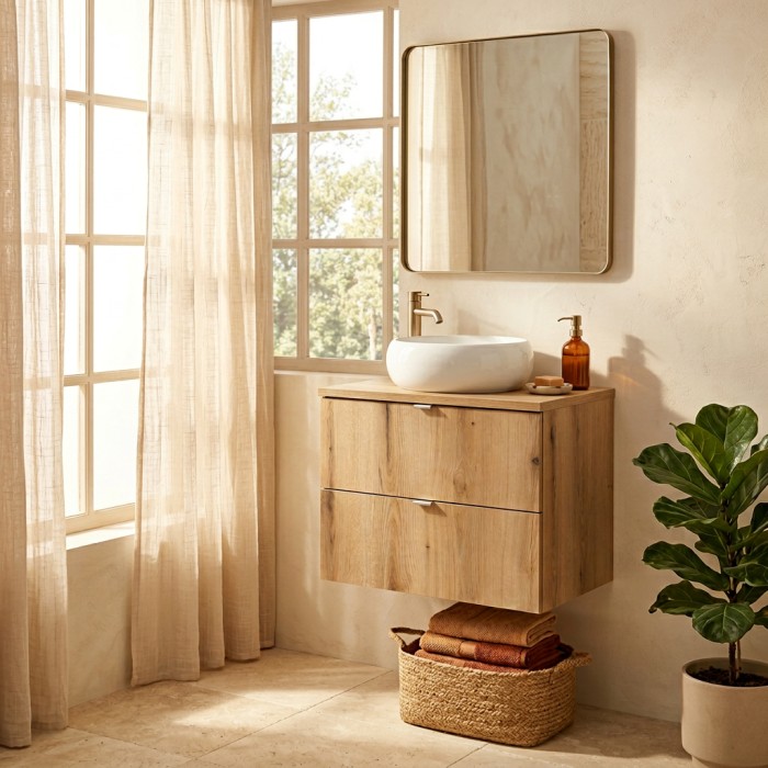 Badezimmer-Set VANO in Eichenoptik 60cm: Unterschrank mit Schubladen + Platte für Aufsatzwaschbecken + rundes Aufsatzwaschbecken