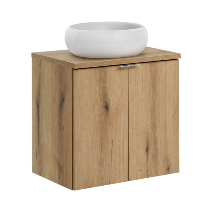 Badezimmer-Set VANO in Eichenoptik 60cm: Unterschrank mit Schränken + Platte für Waschbecken + aufsatzrundes Waschbecken
