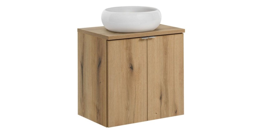 Ensemble VANO chêne : meuble sous vasque à placards, plan pour vasque et vasque à poser ronde