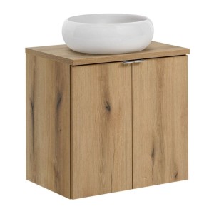 Ensemble VANO chêne : meuble sous vasque à placards, plan pour vasque et vasque à poser ronde