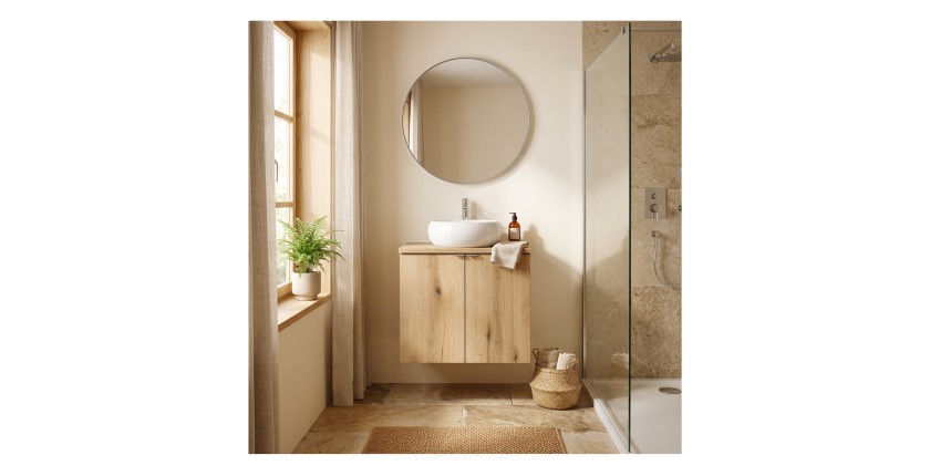 Ensemble VANO chêne : meuble sous vasque à placards, plan pour vasque et vasque à poser ronde mis en situation