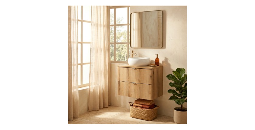 ensemble VANO chêne 60cm : meuble sous vasque à tiroirs et plan pour vasque mis en situation