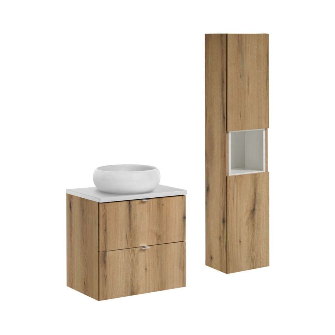 Ensemble VANO chêne et blanc 90cm : meuble sous vasque, plan pour vasque, vasque à poser et colonne