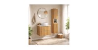 Ensemble VANO chêne et blanc 90cm : meuble sous vasque, plan pour vasque, vasque à poser et colonne mis en situation