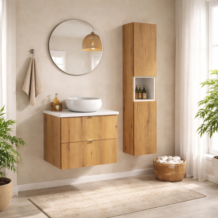 Ensemble VANO chêne et blanc 90cm : meuble sous vasque, plan pour vasque, vasque à poser et colonne mis en situation
