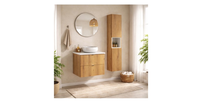 Ensemble VANO chêne et blanc 90cm : meuble sous vasque, plan pour vasque, vasque à poser et colonne mis en situation