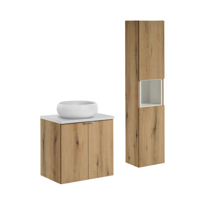 Set VANO aspetto quercia e bianco 90cm: mobile sottolavabo con armadietti + piano per lavabo + lavabo da appoggio rotondo + colo