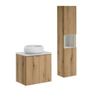 Ensemble VANO chêne et blanc 90cm : meuble sous vasque à placards, plan pour vasque, vasque à poser et colonne