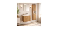 Ensemble VANO chêne et blanc 90cm : meuble sous vasque à placards, plan pour vasque, vasque à poser et colonne mis en situation