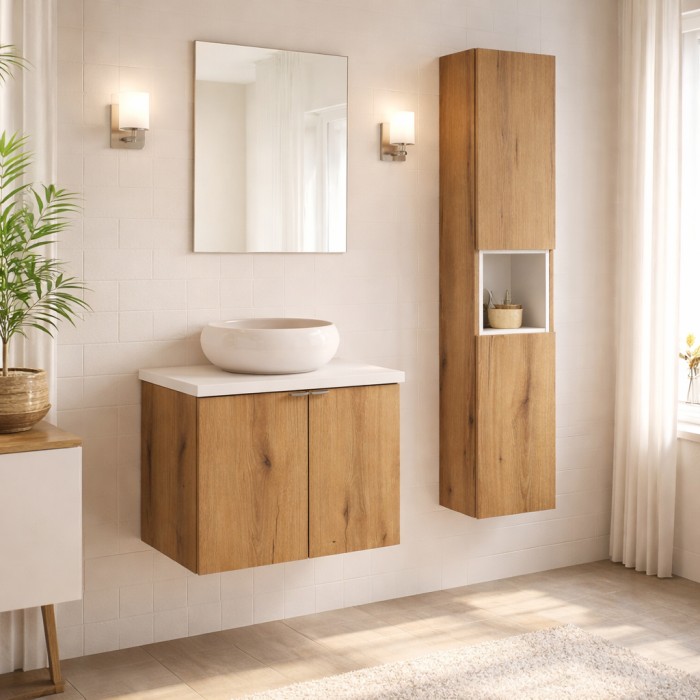 Set VANO aspetto quercia e bianco 90cm: mobile sottolavabo con armadietti + piano per lavabo + lavabo da appoggio rotondo + colo
