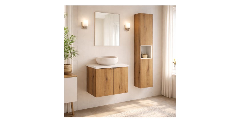 Ensemble VANO chêne et blanc 90cm : meuble sous vasque à placards, plan pour vasque, vasque à poser et colonne mis en situation