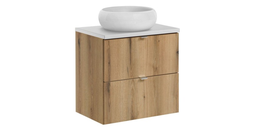 Ensemble VANO 60cm chêne et blanc : meuble sous vasque à tiroirs, plan pour vasque et vasque à poser ronde