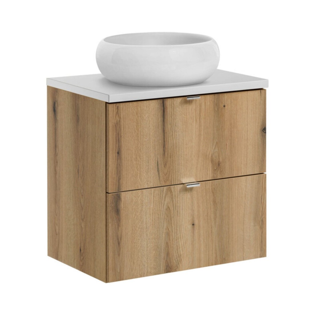 Ensemble VANO 60cm chêne et blanc : meuble sous vasque à tiroirs, plan pour vasque et vasque à poser ronde