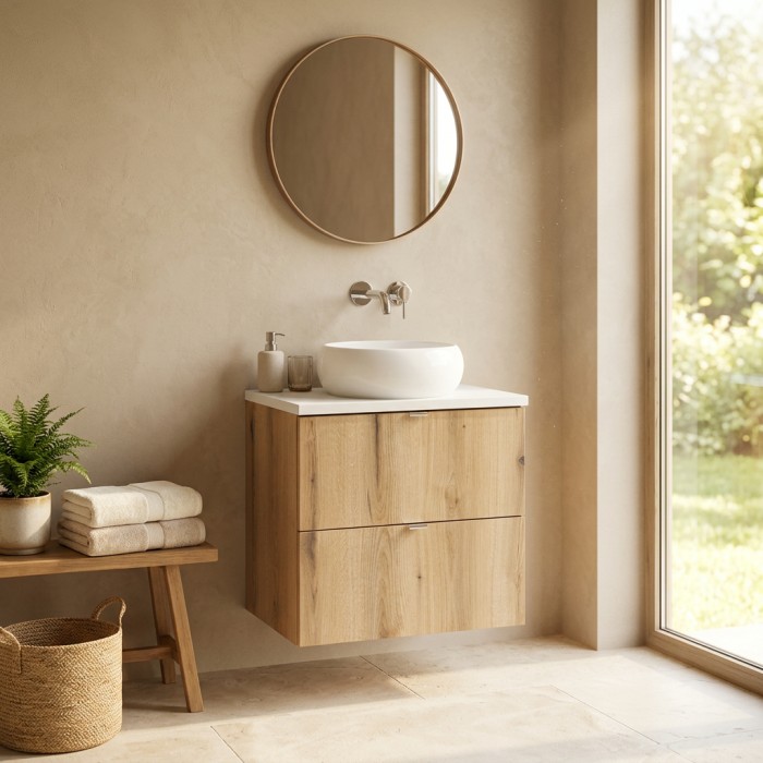 Conjunto VANO de aspecto roble y blanco 60cm: mueble bajo lavabo con cajones + encimera para lavabo + lavabo sobre encimera redo