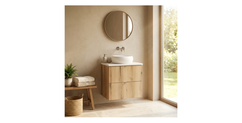 Ensemble VANO 60cm chêne et blanc : meuble sous vasque à tiroirs, plan pour vasque et vasque à poser ronde mis en situation