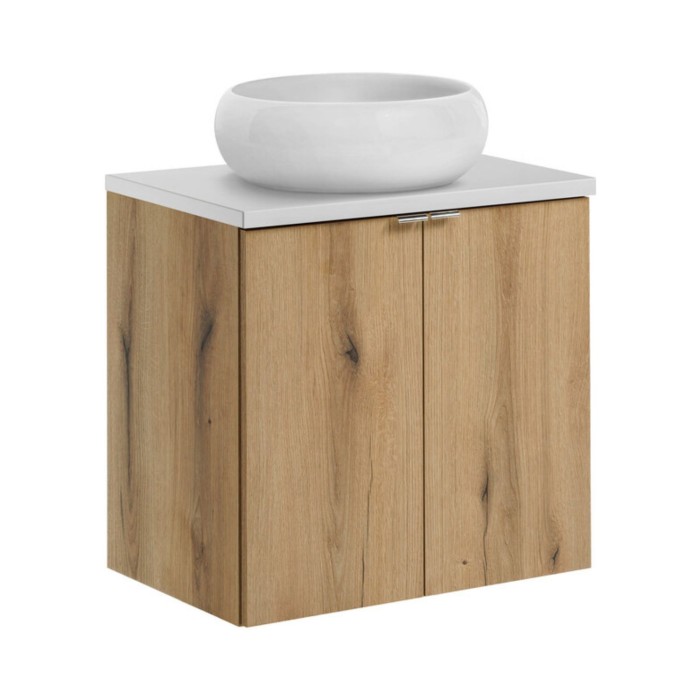 Conjunto VANO de aspecto roble y blanco 60cm: mueble bajo lavabo con armarios + encimera para lavabo + lavabo sobre encimera red