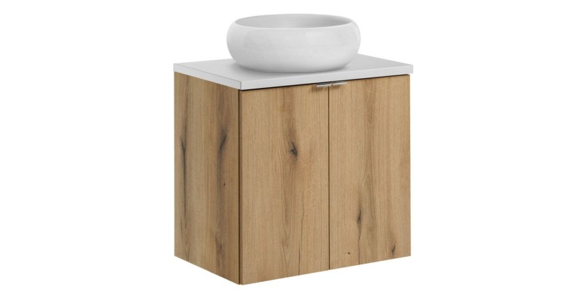 Ensemble VANO chêne et blanc 60cm : meuble sous vasque à placards, plan pour vasque et vasque à poser ronde