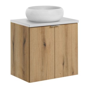 Ensemble VANO chêne et blanc 60cm : meuble sous vasque à placards, plan pour vasque et vasque à poser ronde