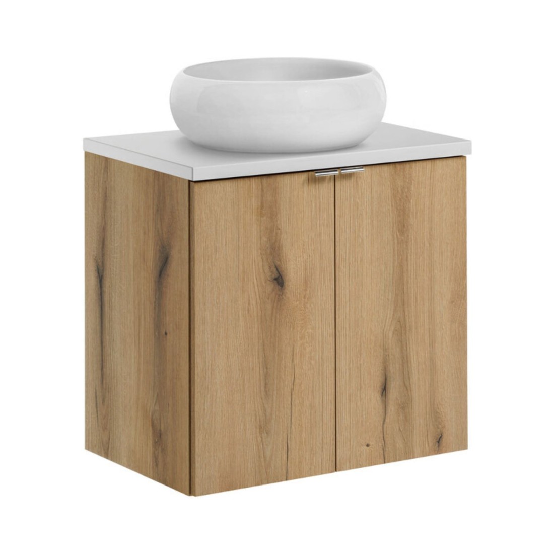 Ensemble VANO chêne et blanc 60cm : meuble sous vasque à placards, plan pour vasque et vasque à poser ronde