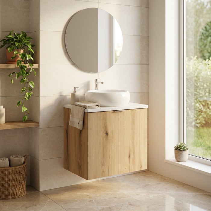 Conjunto VANO de aspecto roble y blanco 60cm: mueble bajo lavabo con armarios + encimera para lavabo + lavabo sobre encimera red