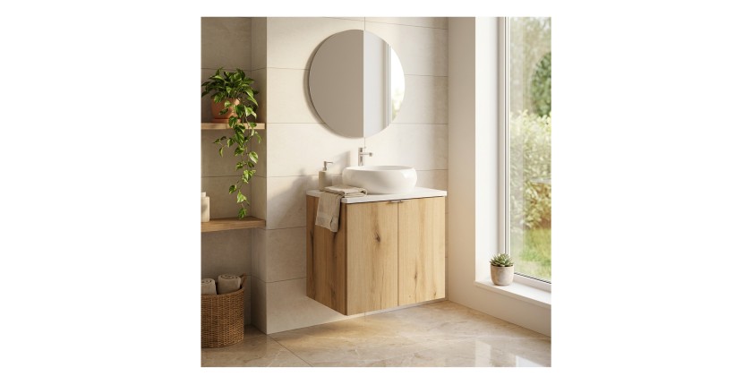 Ensemble VANO chêne et blanc 60cm : meuble sous vasque à placards, plan pour vasque et vasque à poser ronde mis en situation