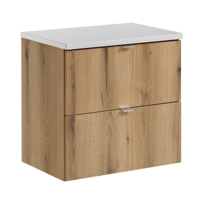 Wandmontage badkamermeubelset VANO in eiken- en witlook 60cm: onderkast met lades + blad voor wastafel