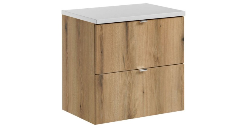 Ensemble VANO 60cm chêne et blanc : meuble sous vasque à tiroirs et plan pour vasque