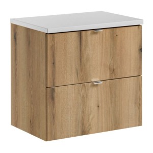 Ensemble VANO 60cm chêne et blanc : meuble sous vasque à tiroirs et plan pour vasque