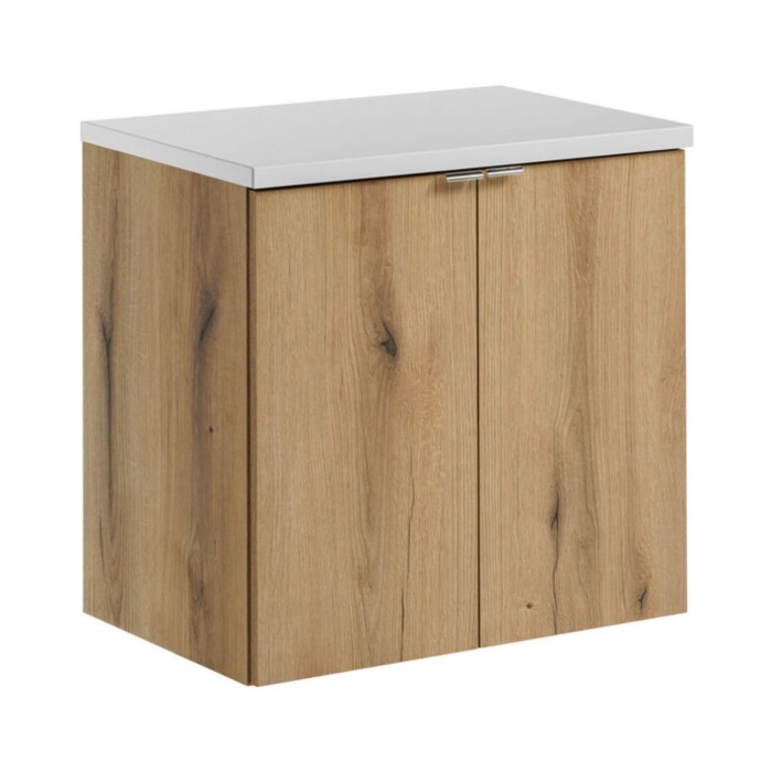 Set da bagno sospeso VANO in rovere e bianco 60cm: mobile sottolavabo con armadietti + piano per lavabo