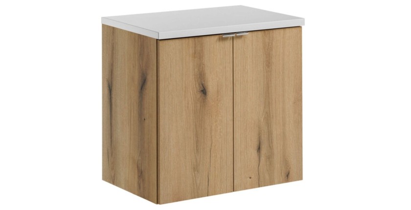 Ensemble VANO 60cm chêne et blanc : meuble sous vasque à placards et plan pour vasque