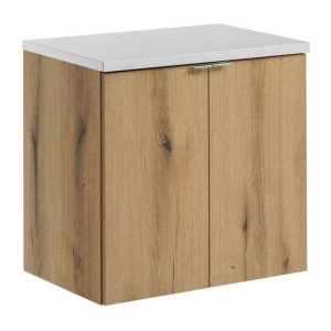 Ensemble VANO 60cm chêne et blanc : meuble sous vasque à placards et plan pour vasque