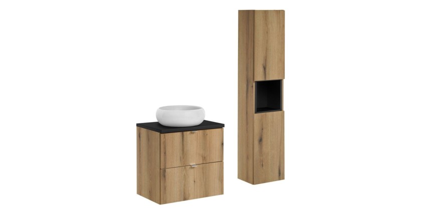 ensemble VANO 90cm chêne et noir : meuble sous vasque à tiroirs, plan pour vasque, vasque à poser et colonne