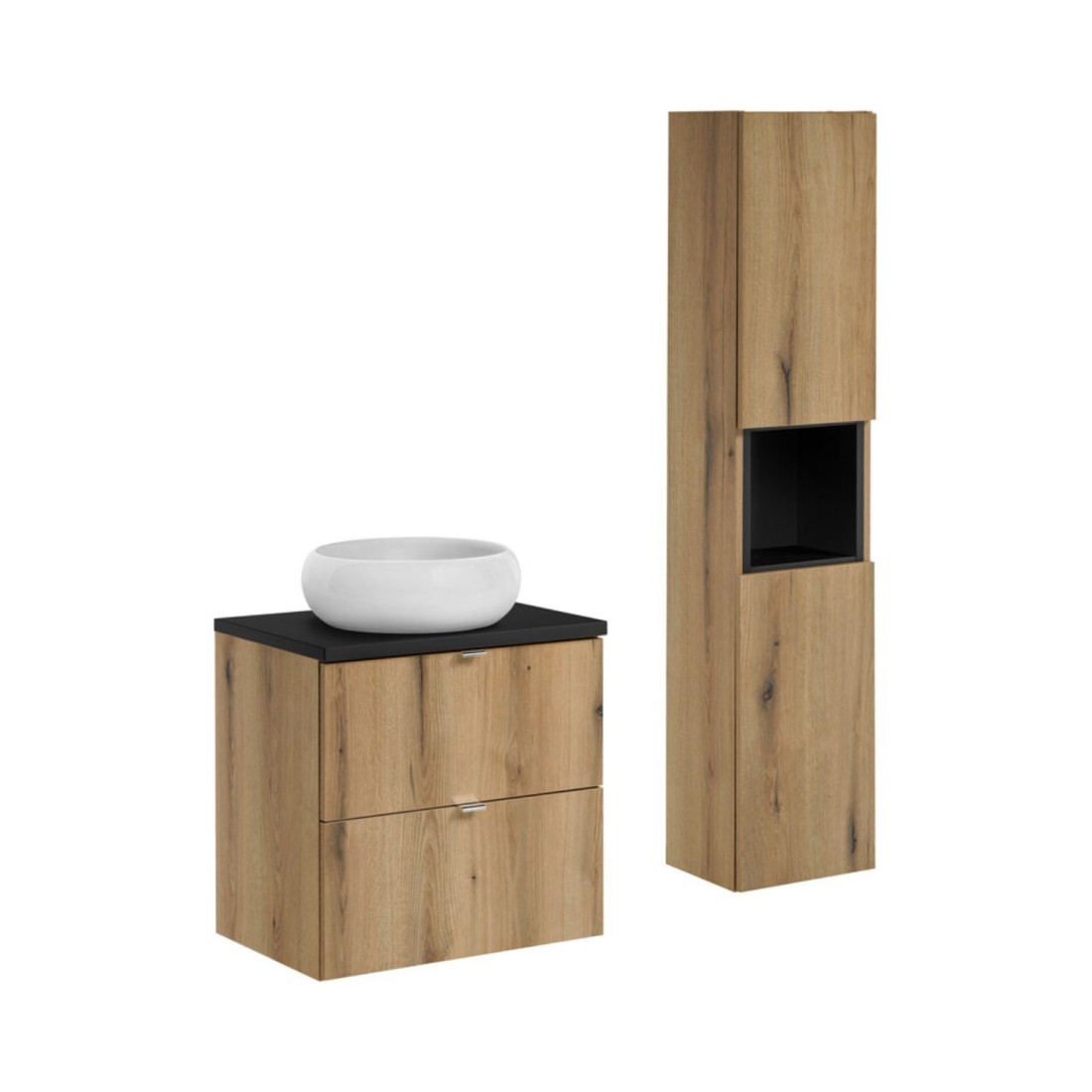 ensemble VANO 90cm chêne et noir : meuble sous vasque à tiroirs, plan pour vasque, vasque à poser et colonne