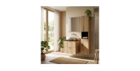 ensemble VANO 90cm chêne et noir : meuble sous vasque à tiroirs, plan pour vasque, vasque à poser et colonne mis en situation