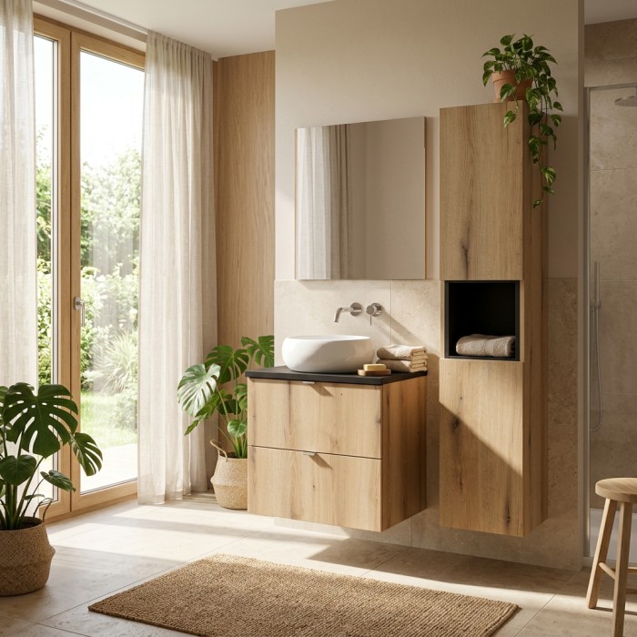 ensemble VANO 90cm chêne et noir : meuble sous vasque à tiroirs, plan pour vasque, vasque à poser et colonne mis en situation