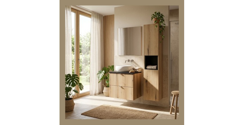 ensemble VANO 90cm chêne et noir : meuble sous vasque à tiroirs, plan pour vasque, vasque à poser et colonne mis en situation