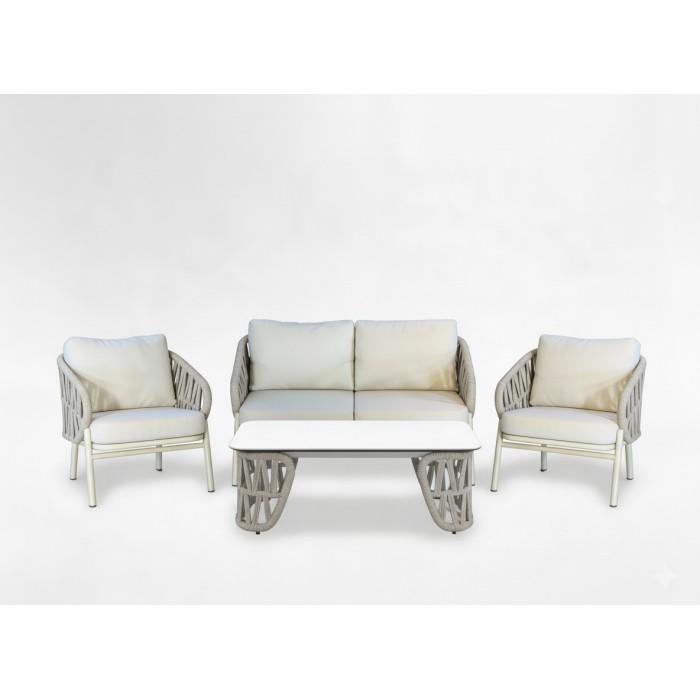Salon de jardin 4 places aluminium beige avec table basse – CORDIA 
