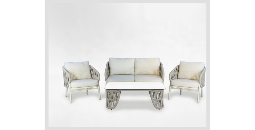 Salon de jardin 4 places aluminium beige avec table basse – CORDIA 