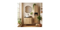 Ensemble VANO 90cm chêne et noir : meuble sous vasque à placards, plan pour vasque, vasque à poser et colonne mis en situation