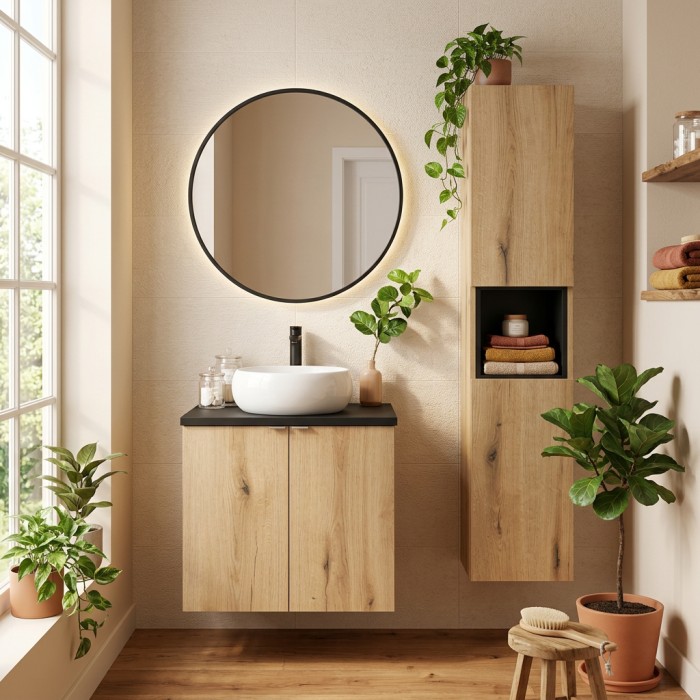 Ensemble VANO 90cm chêne et noir : meuble sous vasque à placards, plan pour vasque, vasque à poser et colonne mis en situation