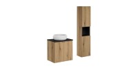 Ensemble VANO 90cm chêne et noir : meuble sous vasque à placards, plan pour vasque, vasque à poser et colonne