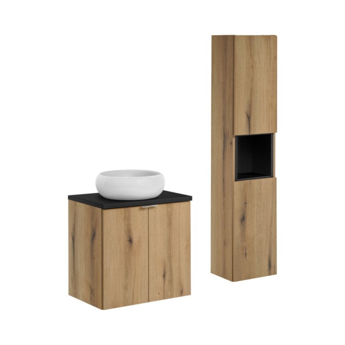 Ensemble VANO 90cm chêne et noir : meuble sous vasque à placards, plan pour vasque, vasque à poser et colonne