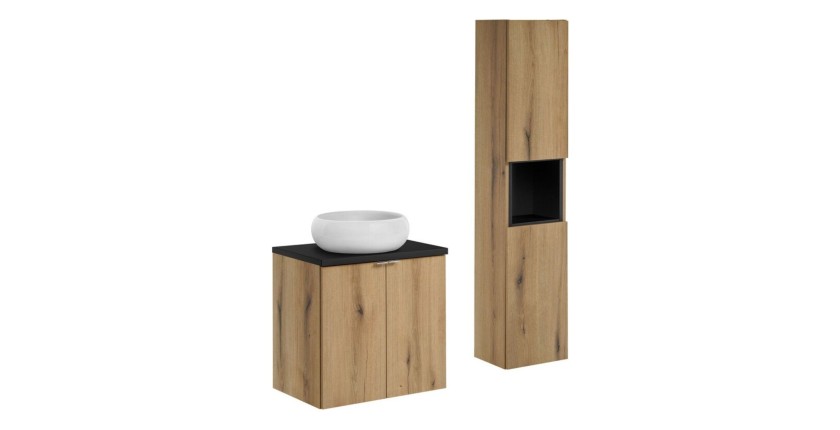 Ensemble VANO 90cm chêne et noir : meuble sous vasque à placards, plan pour vasque, vasque à poser et colonne