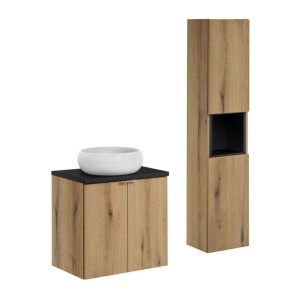 Ensemble VANO 90cm chêne et noir : meuble sous vasque à placards, plan pour vasque, vasque à poser et colonne