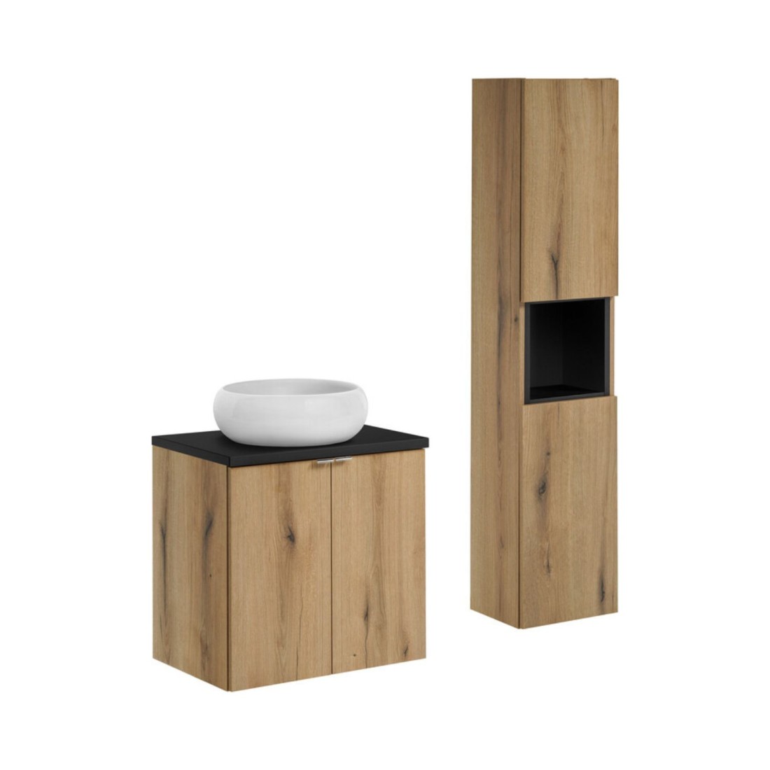 Ensemble VANO 90cm chêne et noir : meuble sous vasque à placards, plan pour vasque, vasque à poser et colonne