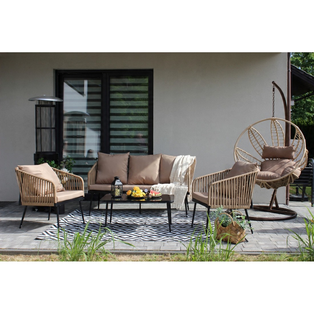 Salon de jardin 4 places STRAPA beige avec corde tressée et table basse