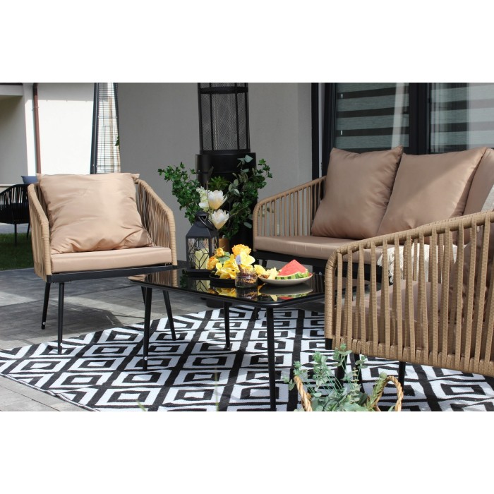 Salon de jardin 4 places STRAPA beige avec corde tressée et table basse 