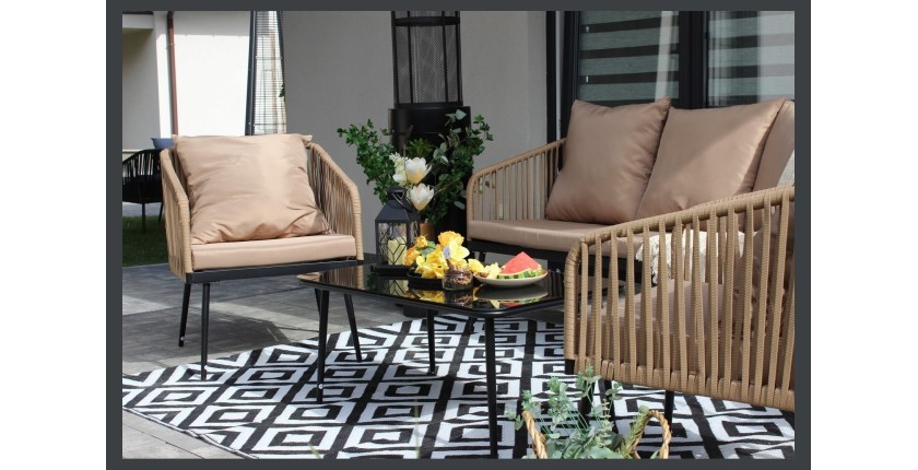 Salon de jardin 4 places STRAPA beige avec corde tressée et table basse 