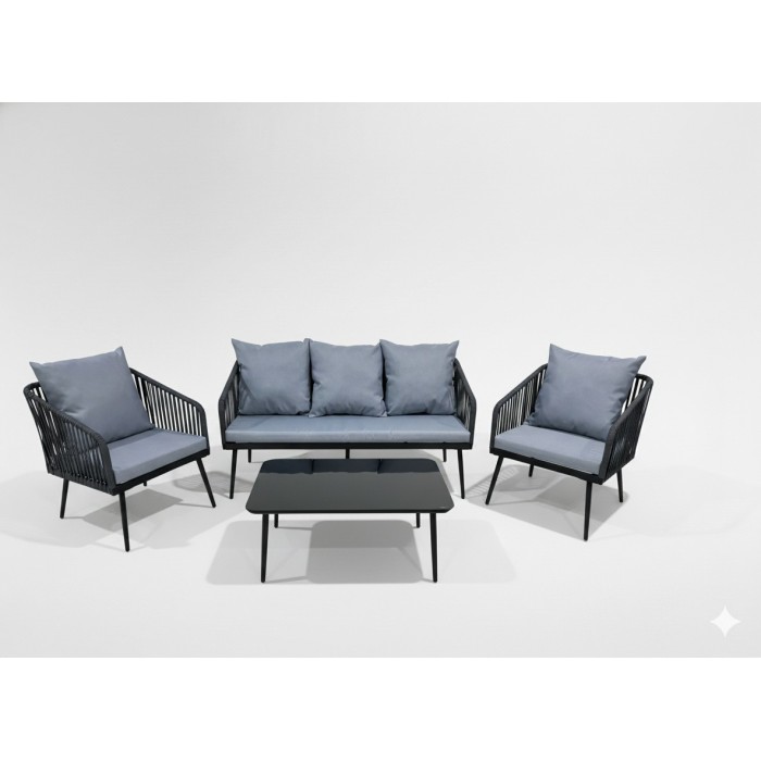Salon de jardin 4 places anthracite avec corde tressée et table basse – STRAPA 